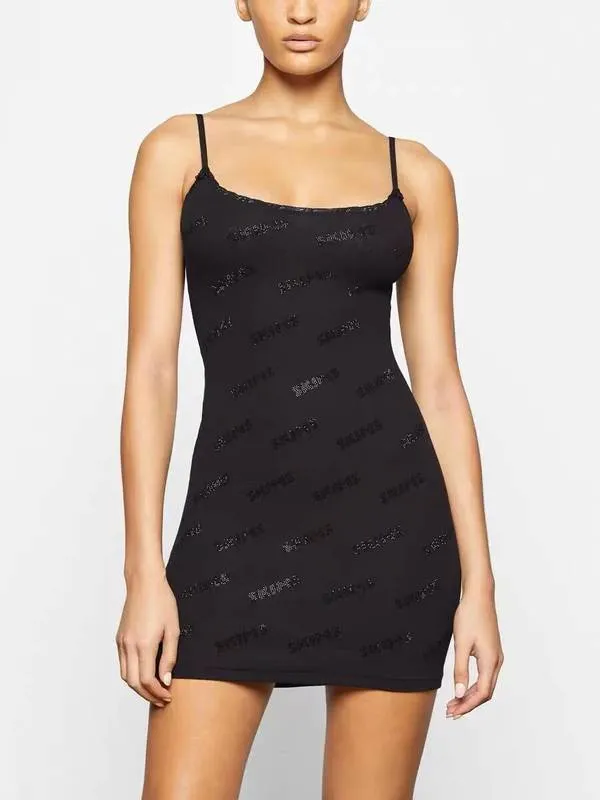 Rhinestone Logo Pointelle Mini Slip Dress — Black